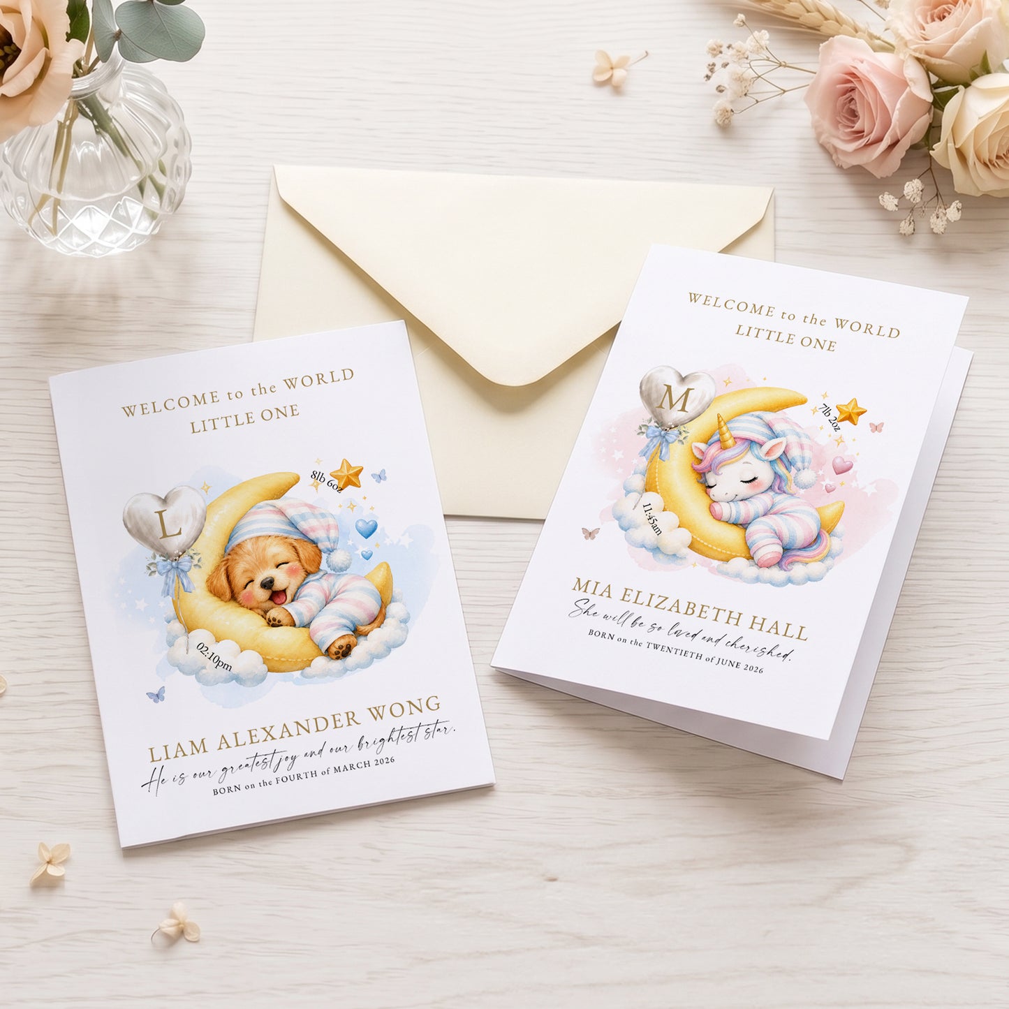 Personalized Watercolor Sleeping Animal Birth Announcement Greeting Card with Name Text and Birth Message Baby Shower Birthday Gift for New Parents
