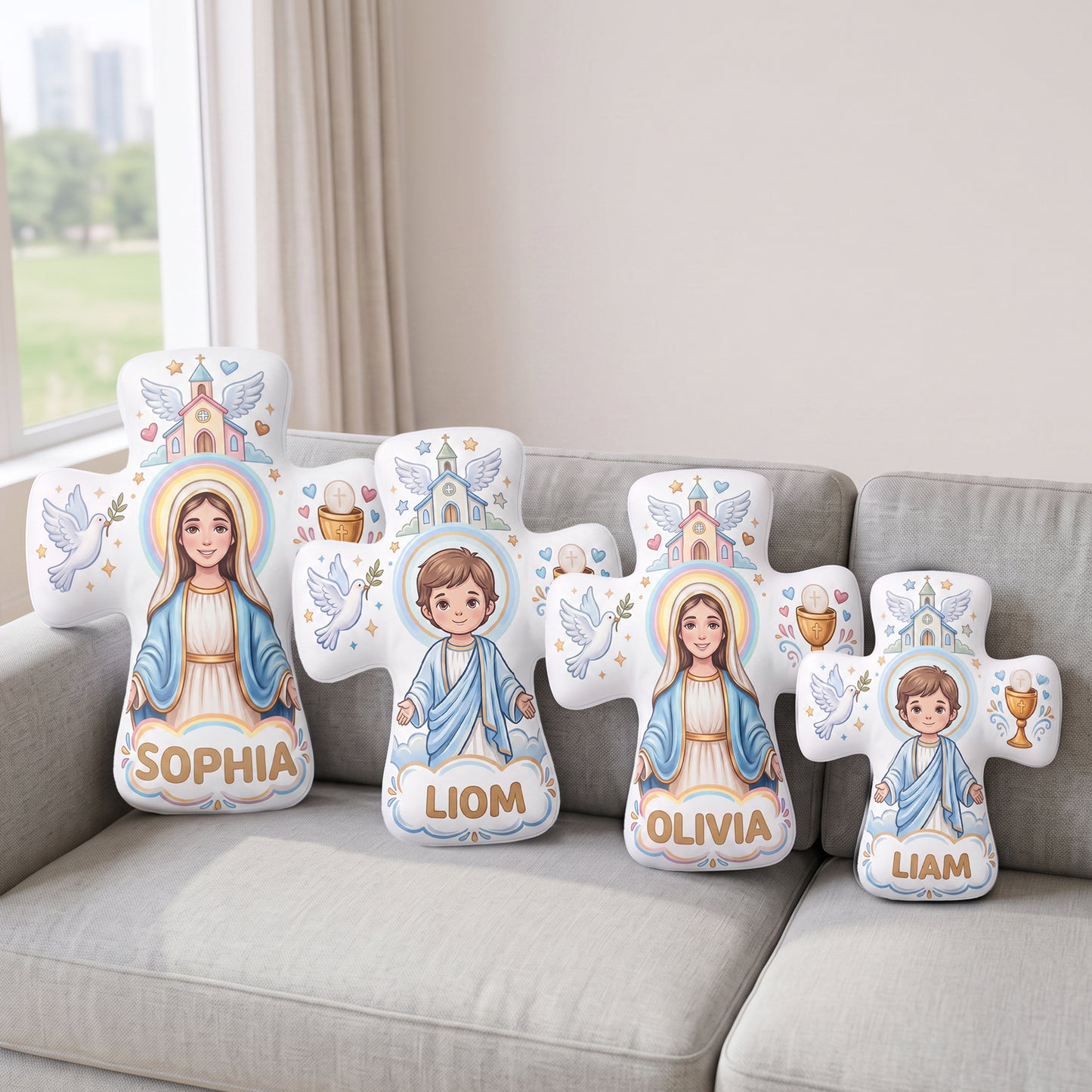 Personalized the Virgin and Child Christian Cross Shaped Soft Throw Pillow with Name Home Decor Birthday Gift for Kids