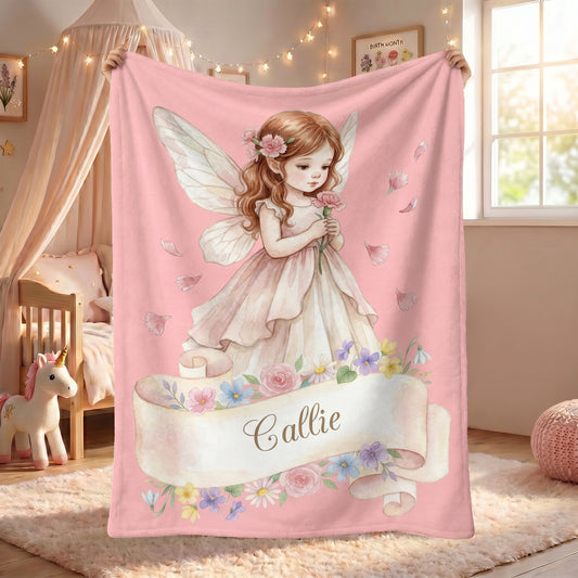 Personalized Birth Flower Fairy Multicolor Soft Throw Blanket with Name Home Nursery Decor Birthday Gift for Newborn Kid Girl