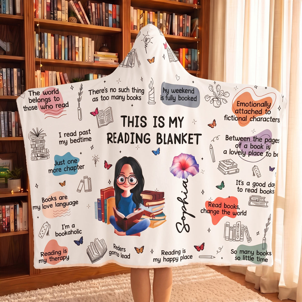 Personalized Birth Flower Cartoon Reading Girl Soft Throw Hooded Blanket with Name Birthday Gift for Librarians Book Lovers