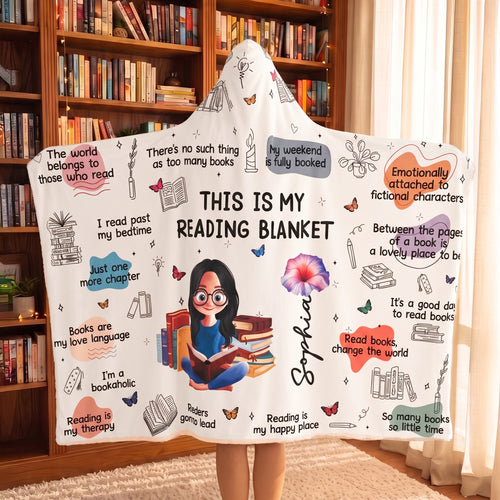 Personalized Birth Flower Cartoon Reading Girl Soft Throw Hooded Blanket with Name Birthday Gift for Librarians Book Lovers