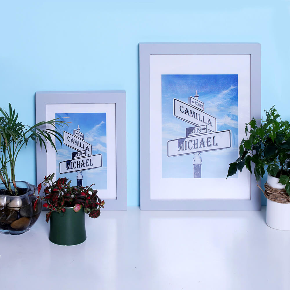 25th Anniversary Silver Frame Street Sign Painting with Double Names & Date
