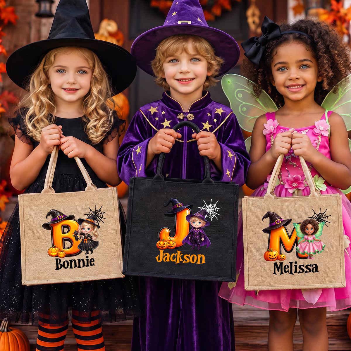 Personalized Pumpkin Halloween Cartoon Ghost Character Jute Tote Bag with Name Halloween Party Gift for Boys Girls