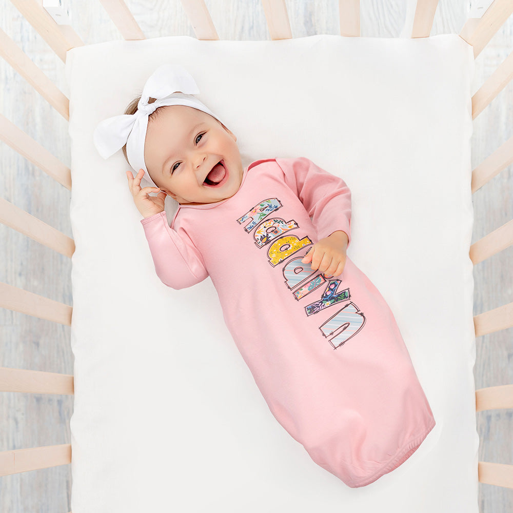 Personalized Colorful Floral Doodle Letter 100% Cotton Baby Sleeper Gown with Name Coming Home Outfit Baby Shower Birthday Gift for Newborns
