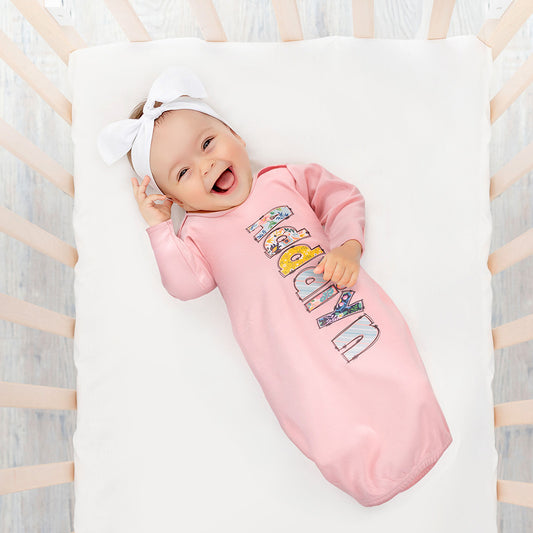 Personalized Colorful Floral Doodle Letter 100% Cotton Baby Sleeper Gown with Name Coming Home Outfit Baby Shower Birthday Gift for Newborns
