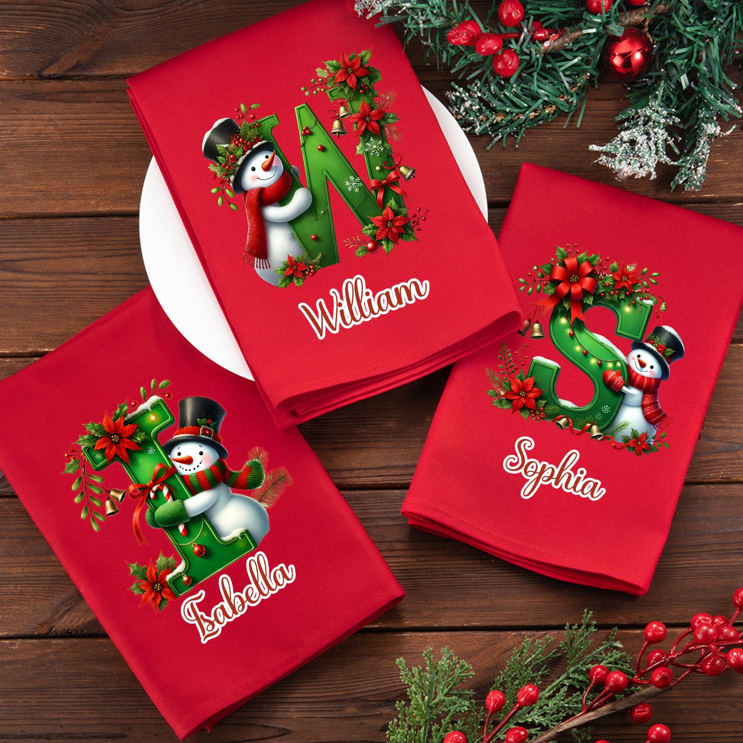Personalized 100% Cotton Christmas Snowman Initial Reusable Table Napkin with Name Table Decor Christmas Gift for Family