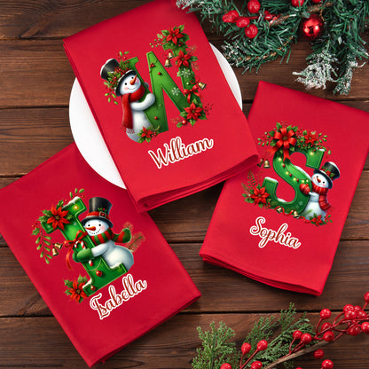 Personalized 100% Cotton Christmas Snowman Initial Reusable Table Napkin with Name Table Decor Christmas Gift for Family