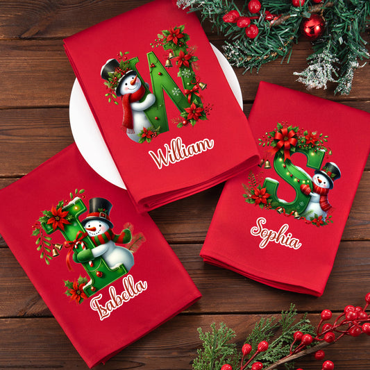 Personalized 100% Cotton Christmas Snowman Initial Reusable Table Napkin with Name Table Decor Christmas Gift for Family