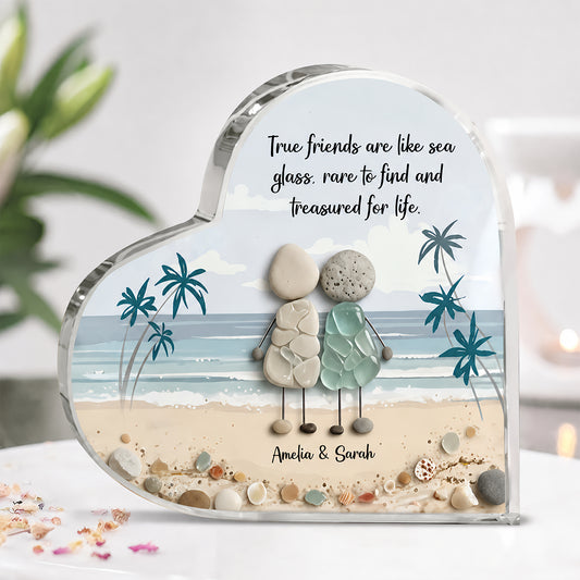 Personalized Sea Glass Inspired Beach Friendship Heart-Shaped Acrylic Plaque with Text Birthday Gift for Sisters Friends Bestie