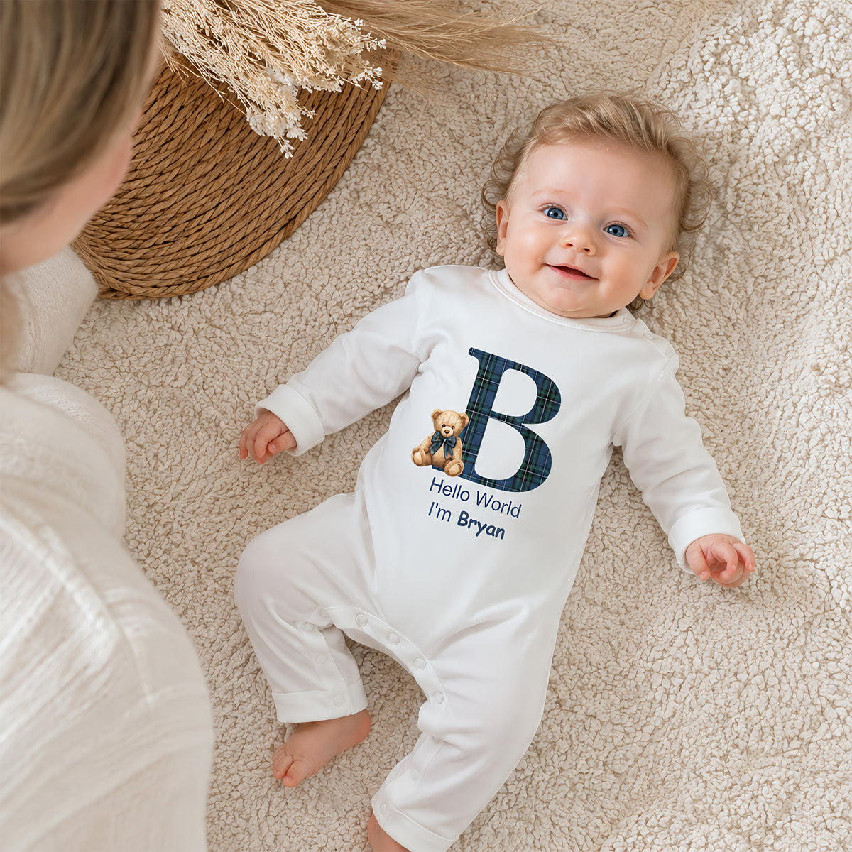 Personalized Teddy Bear Hello World Grid Initial 100% Cotton Baby Romper Hat Set with Name Baby Shower Gift for Newborns