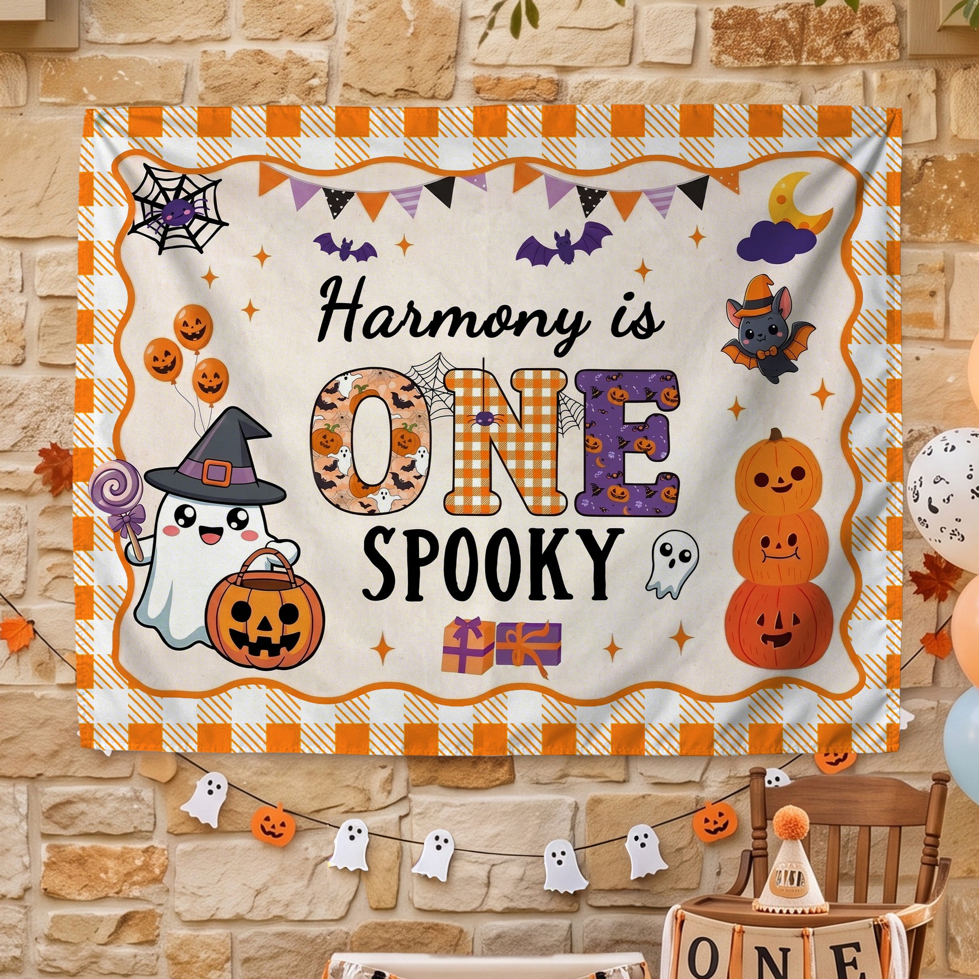 Personalized Cute Bat Pumpkin Ghost Banner with Name Party Backdrop Decor First Birthday Halloween Party Gift for New Parent Baby