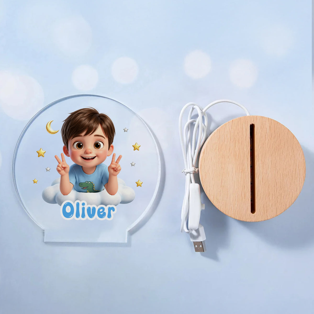 Personalized Cute Cartoon Photo Acrylic LED Night Light with Name and Wooden Base Bedroom Bedside Decor Birthday Gift for Kids New Parents