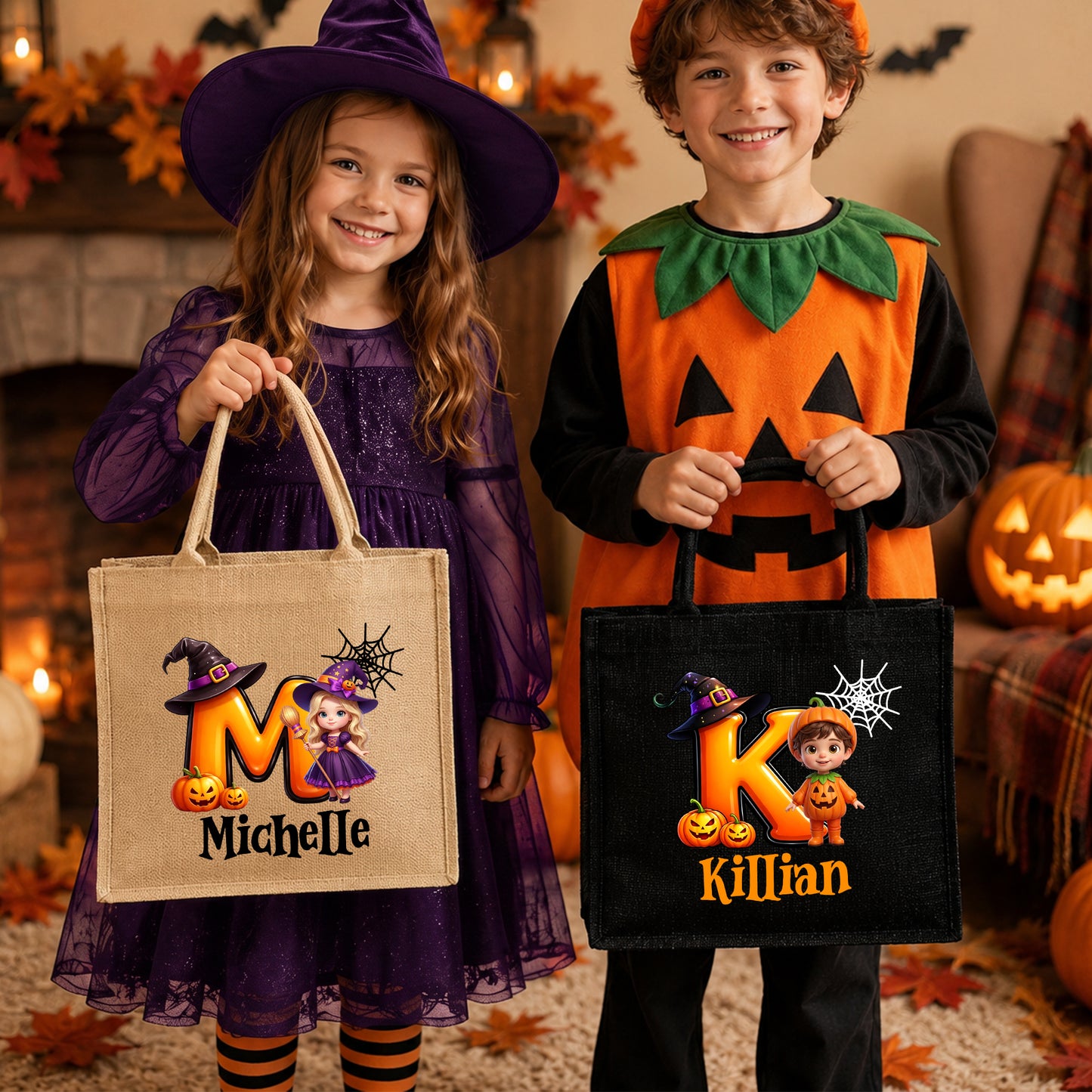 Personalized Pumpkin Halloween Cartoon Ghost Character Jute Tote Bag with Name Halloween Party Gift for Boys Girls
