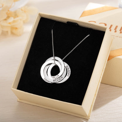 Personalized Sterling Silver 2-5 Russian Ring Interlocking Necklace with Engraved Name Mother's Day Birthday Gift for Family