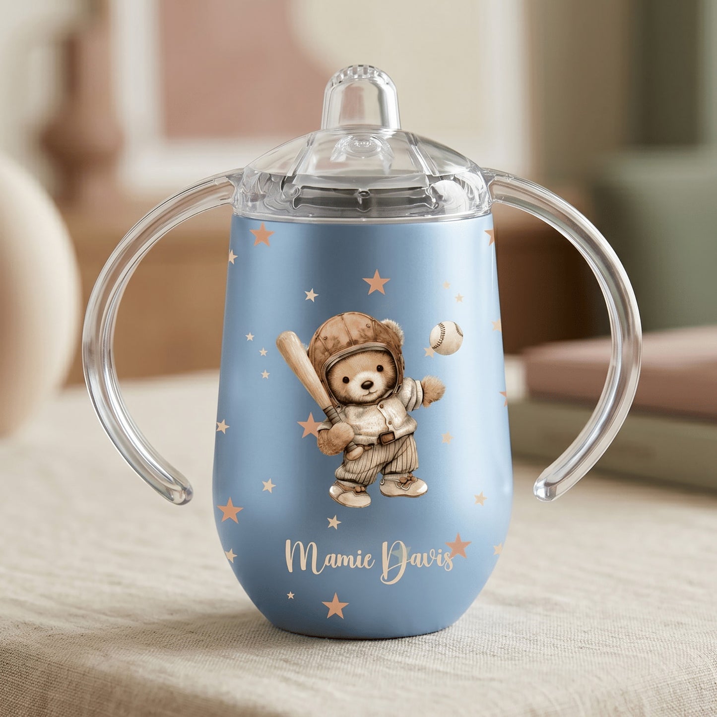 Personalized Multicolor Sports Teddy Bear 10 oz Insulated Sippy Cup with Dual Handle and Name Baby Shower Birthday Gift for Baby Infant