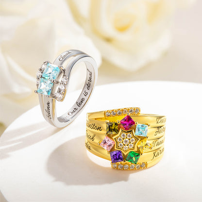 Personalized 1- 9 Square Birthstone Ring with Engraved Name Family Couple Sterling Silver Jewelry Birthday Valentine's Day Gift for Her