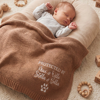Personalized Embroidered Protected By Knitted Soft Cotton Baby Blanket with Name Baby Shower Birthday Gift for Newborns Kids