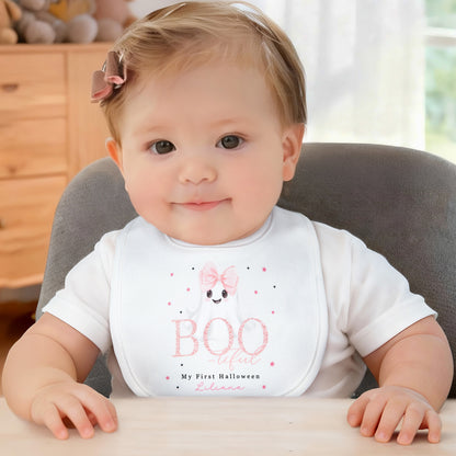 Personalized Cute Ghost Bow Baby Girl Bib Onesie Baby Bodysuit with Name Baby's First Halloween Gift for New Parents