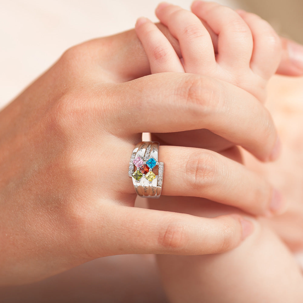 Personalized 1- 9 Square Birthstone Ring with Engraved Name Family Couple Sterling Silver Jewelry Birthday Valentine's Day Gift for Her