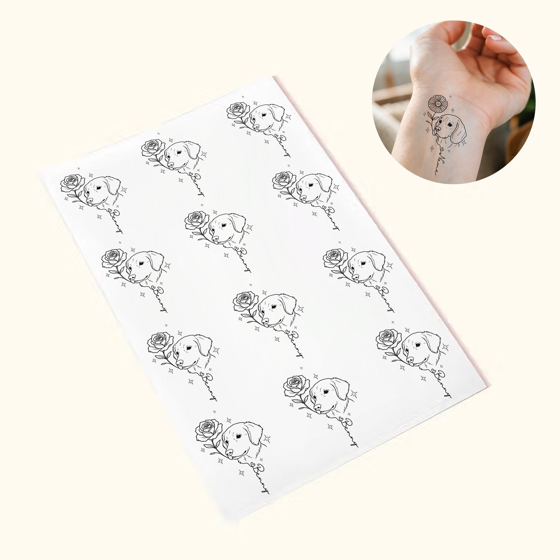 Personalized Line-Art Pet Photo Birth Flower Tattoo Sticker with  Name Party Birthday Gift for Dog Cat Pet Lover Owner