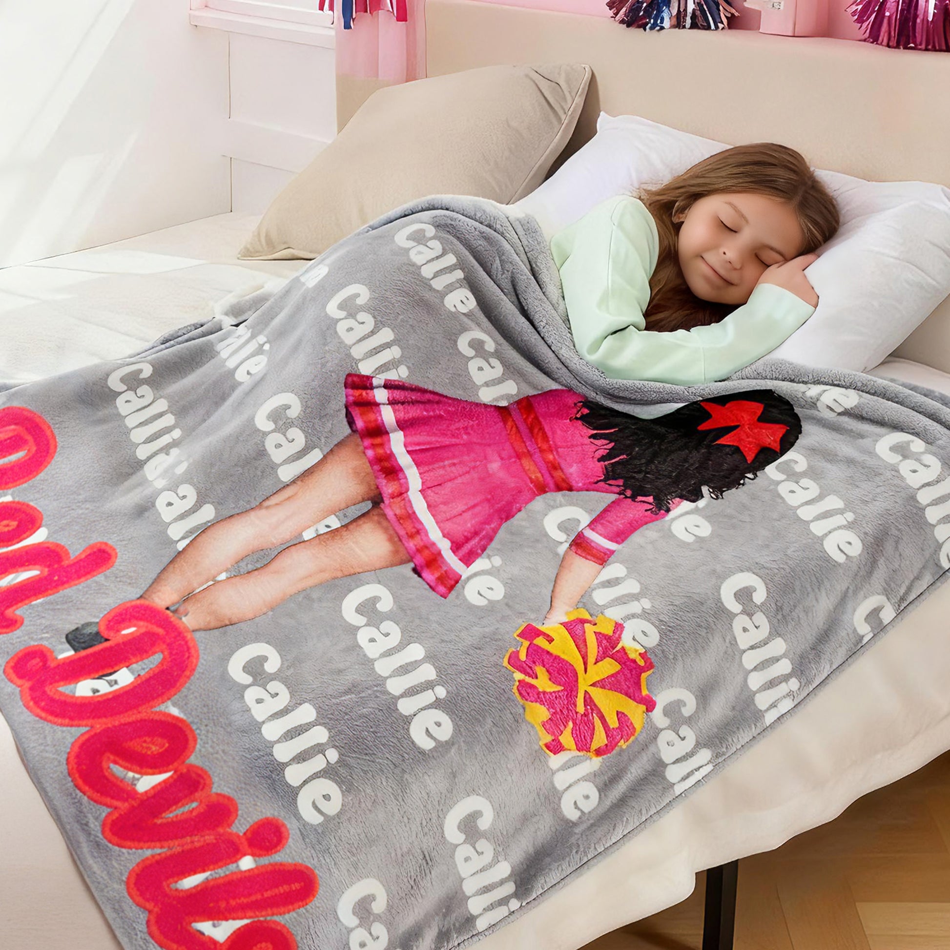 Personalized Cheerleading Cartoon Character Multicolor Soft Throw Blanket with Name Senior Night Game Day Team Gift for Cheerleaders Coaches