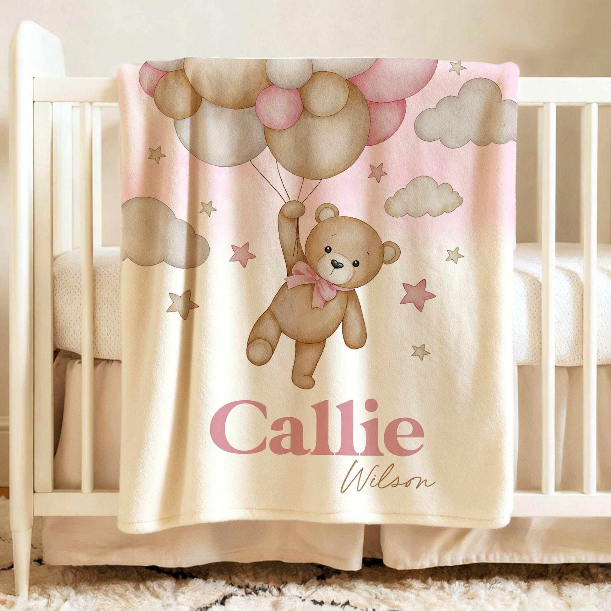 Personalized Bear Balloon Soft Throw Blanket with Name Home Decor Ship from USA Birthday Baby Shower Gift for Newborns Kids