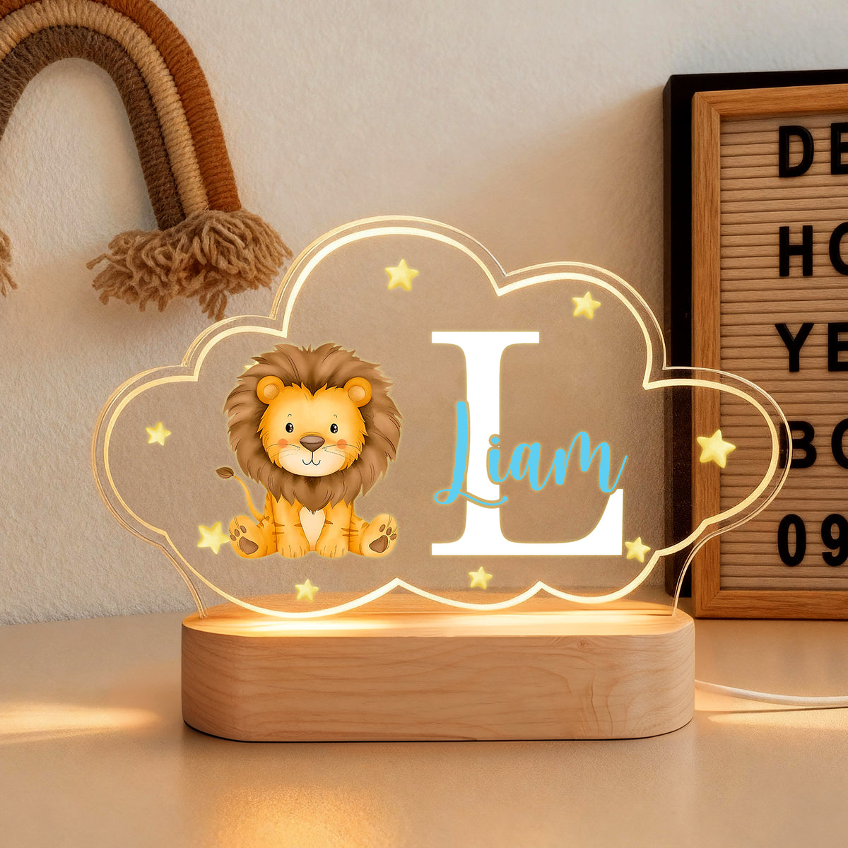 Personalized Cute Animals Star Cloud Style Acrylic LED Night Light with Name and Wooden Base Nursery Decor Birthday Anniversary Gift for Kid Newborn