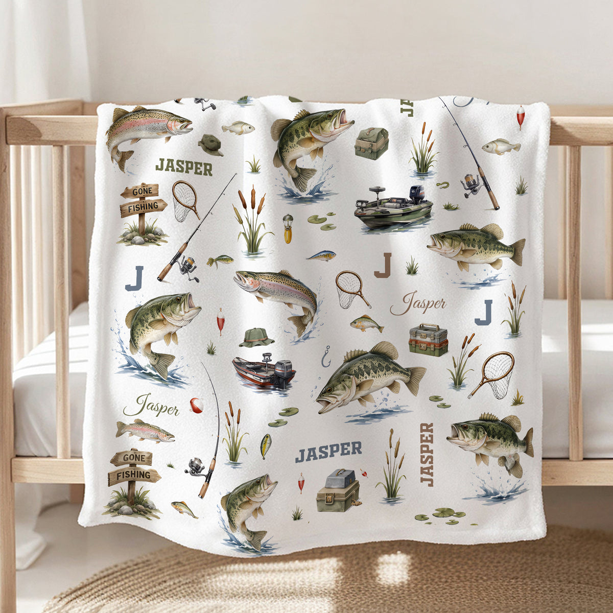 Personalized Gone Fishing Themed Soft Throw Blanket with Initial and Name Home Decor Birthday Baby Shower Gift for Newborns New Parents