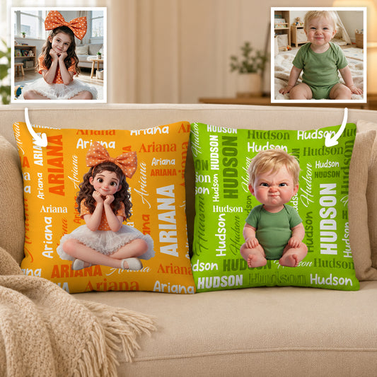 Personalized Cartoon Character Photo Design Multicolor Throw Pillow Cover with Name Home Decor Baby Shower Birthday Gift for Kids Boys Girls