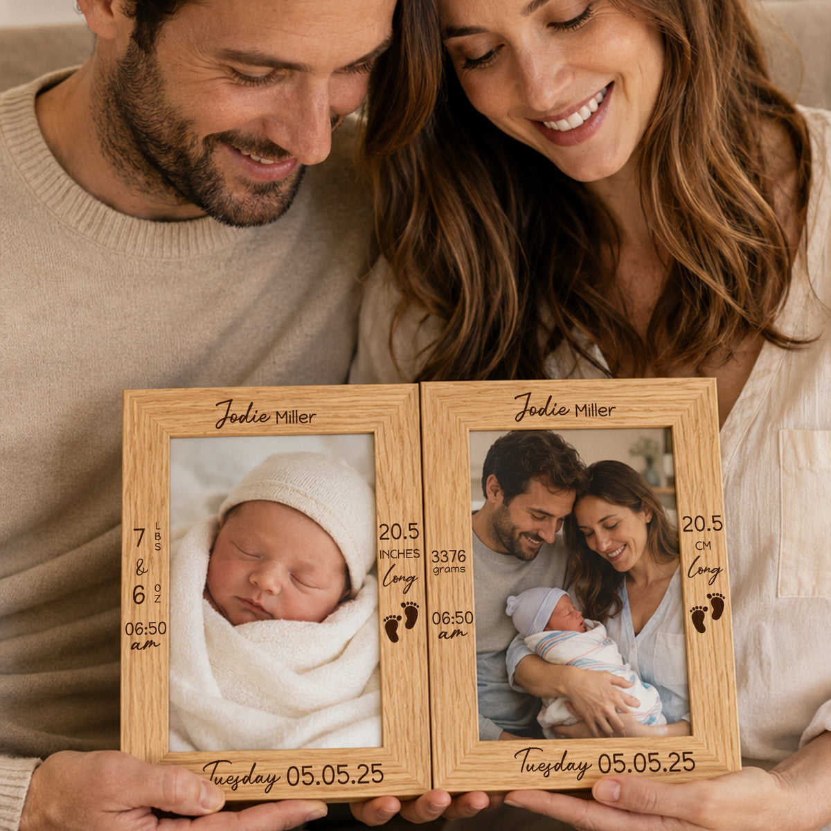 Personalized Engraved Footprint Wooden Photo Frame with Photo Name and Birth Information Home Decor Baby Shower Gift for New Parents Newborns
