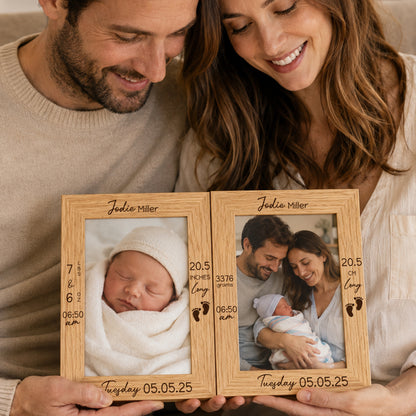 Personalized Engraved Footprint Wooden Photo Frame with Photo Name and Birth Information Home Decor Baby Shower Gift for New Parents Newborns
