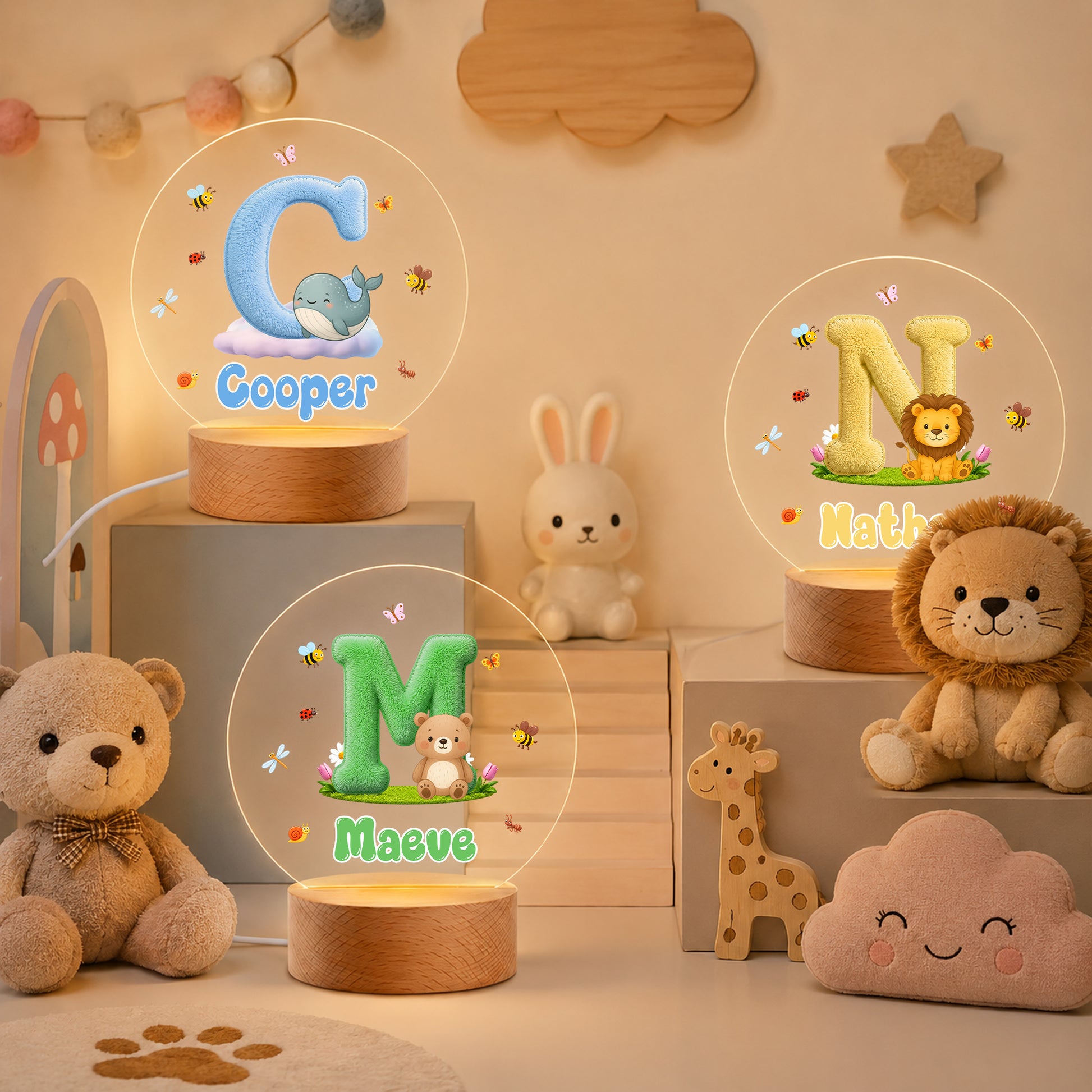 Personalized Cute Animal Insect Initial LED Night Light with Wooden Base and Name Home Decor Back to School Birthday Gift for Children