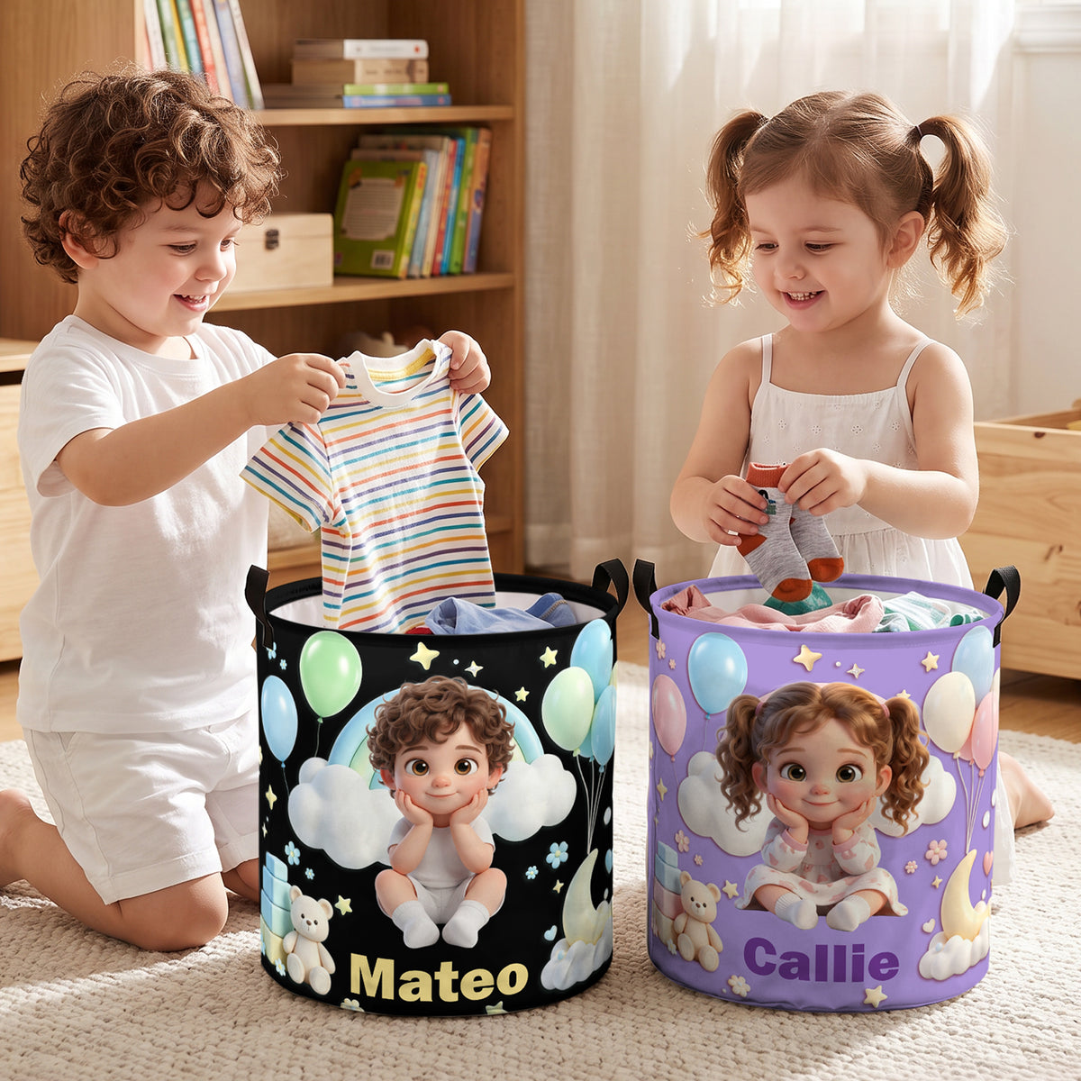 Personalized Cartoon Style Photo Waterproof Laundry Storage Basket with Name and Handles Room Decor Birthday Gift for Kids Boys Girls