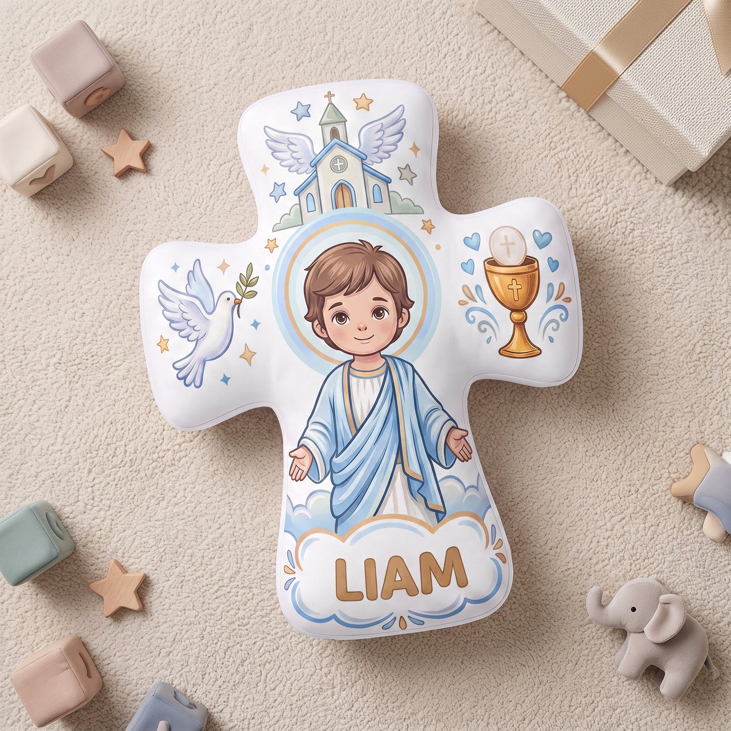 Personalized the Virgin and Child Christian Cross Shaped Soft Throw Pillow with Name Home Decor Birthday Gift for Kids