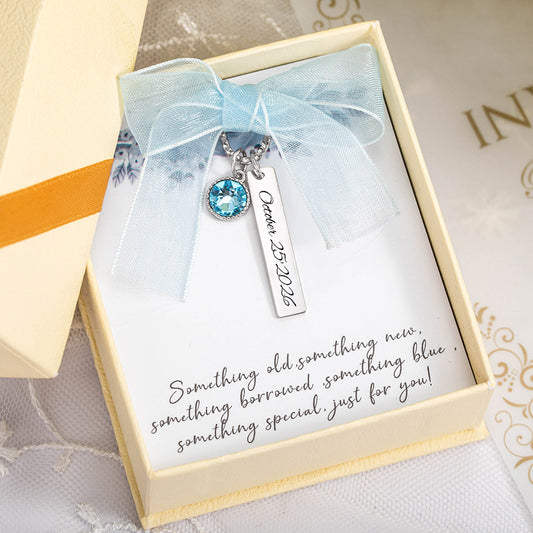 Personalized Blue Crystal Bridal Bouquet Charm with Engraved Text and Card Something Blue Wedding Gift for Bride