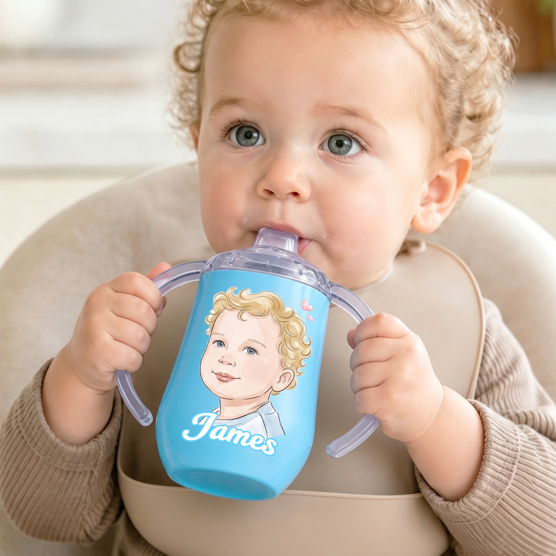 Personalized Watercolor Photo 10 oz Thermal Insulated Sippy Cup with Name Baby Shower Toddler Birthday Gift for Kids Boys Girls
