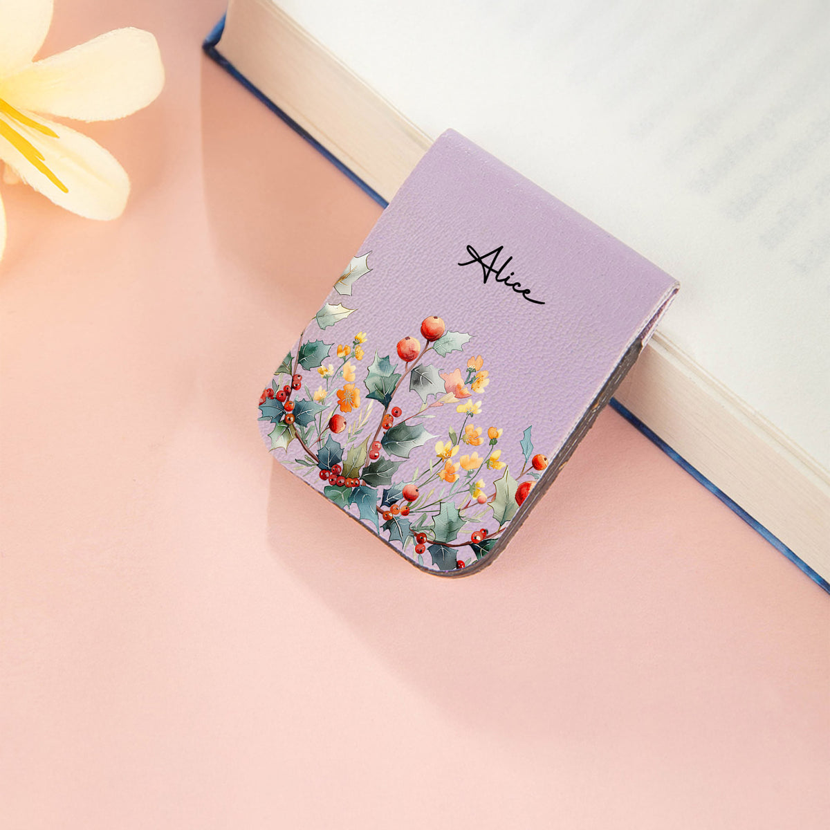Personalized Watercolor Birth Flower Magnetic PU Leather Bookmark Clip with Name Reading Birthday Gift for Book Lovers Bookworms