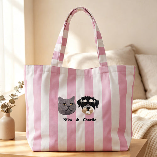 Personalized Pet Photo Embroidery Striped Large Tote Bag with 1-3 Names Daily Use Birthday Gift for Dog Cat Pet Owner Lovers