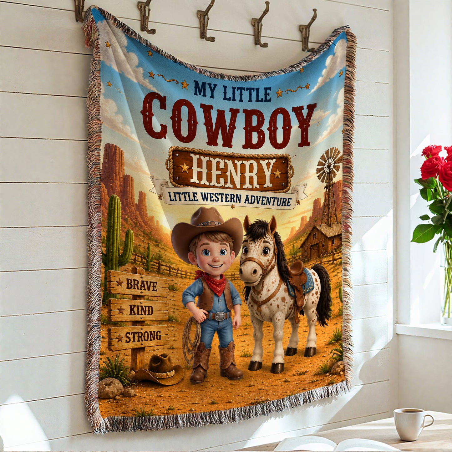 Personalized Western Cowboy Photo Horse Pattern Soft Tassel Throw Blanket with Name Home Decor Daily Use Birthday Gift for Kids