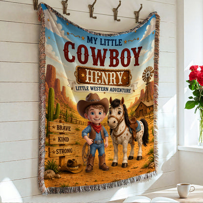 Personalized Western Cowboy Photo Horse Pattern Soft Tassel Throw Blanket with Name Home Decor Daily Use Birthday Gift for Kids