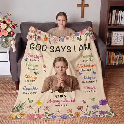 Personalized God Says I Am Thick Paint Illustration Soft Throw Blanket with Photo Text and Name Home Decor Baptism Gift for Christian Believers