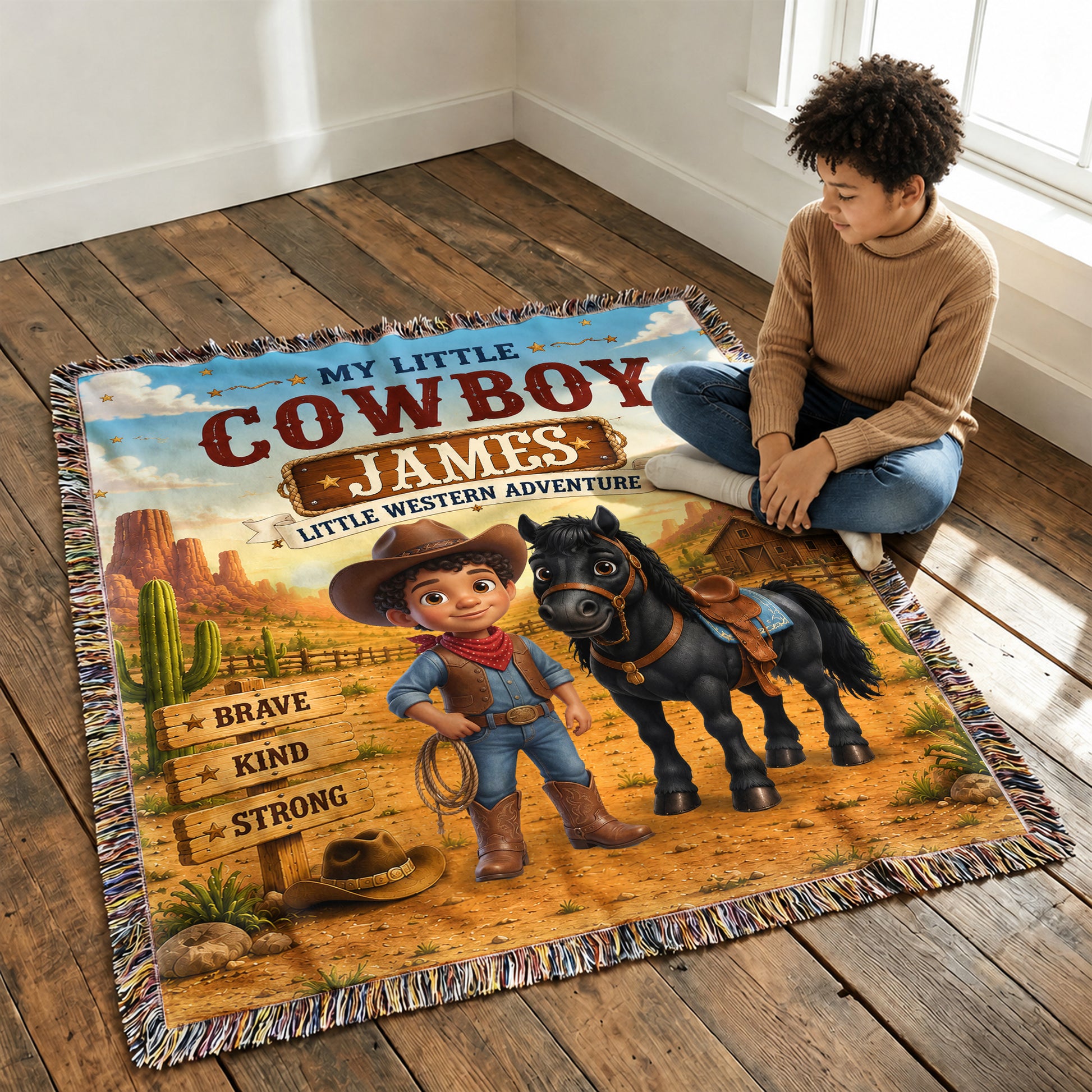 Personalized Western Cowboy Photo Horse Pattern Soft Tassel Throw Blanket with Name Home Decor Daily Use Birthday Gift for Kids