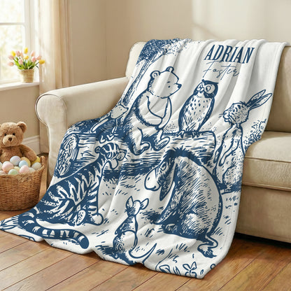 Personalized Vintage Classic Winnie the Pooh Friends Sketch Soft Throw Blanket with Name Baby Shower Birthday Gift for Newborns Kids
