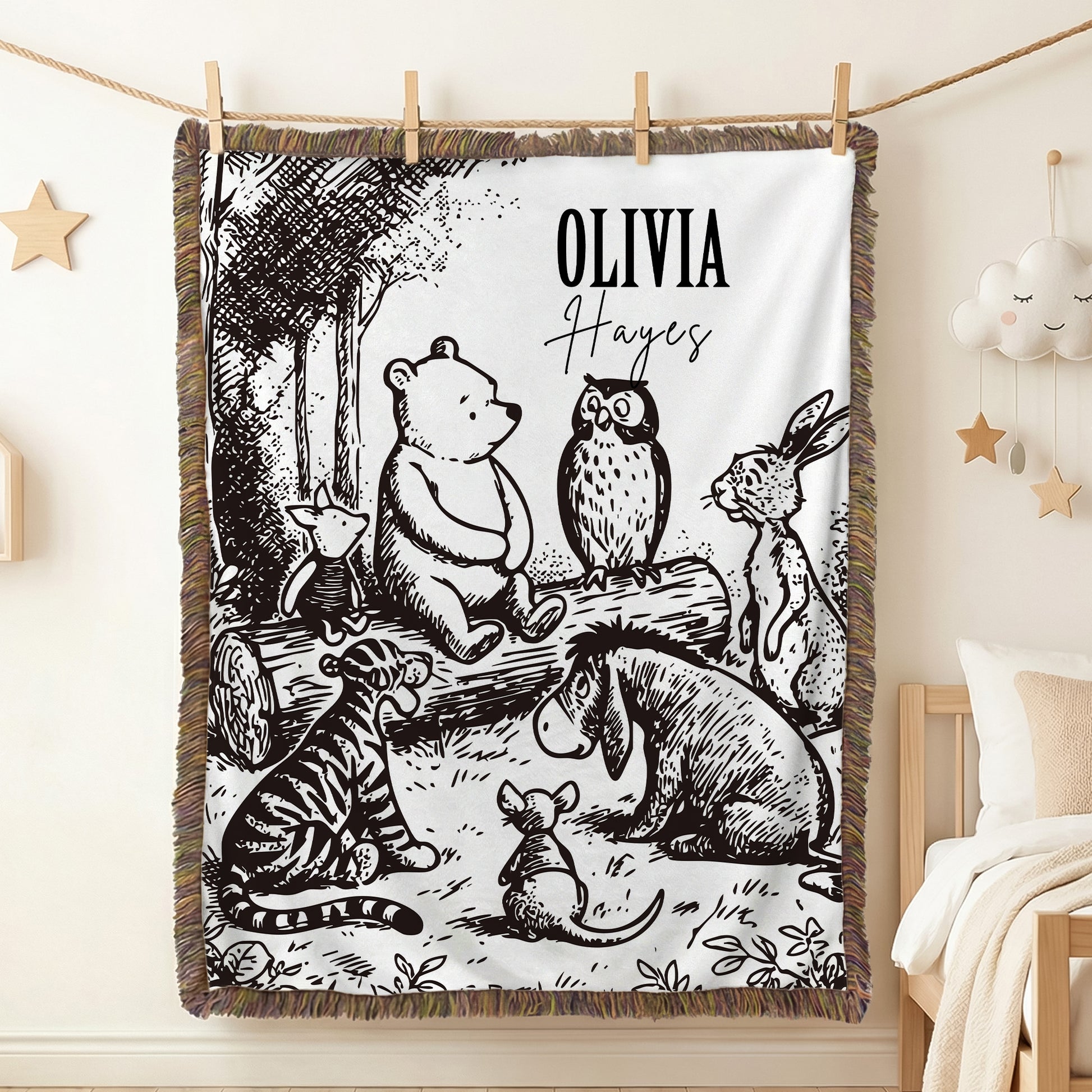 Personalized Vintage Classic Winnie the Pooh Friends Sketch Soft Throw Blanket with Name Baby Shower Birthday Gift for Newborns Kids