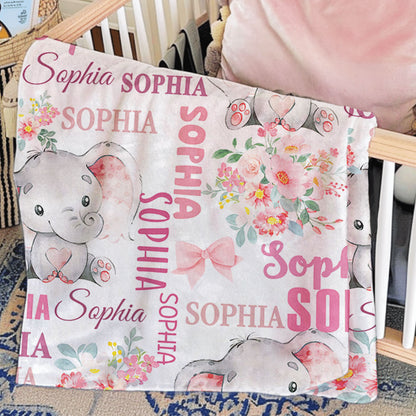 Personalized Cute Pink Blue Floral Elephant Soft Throw Blanket with Multiple Names Nursery Room Decor Birthday Baby Shower Gift for Boys Girls