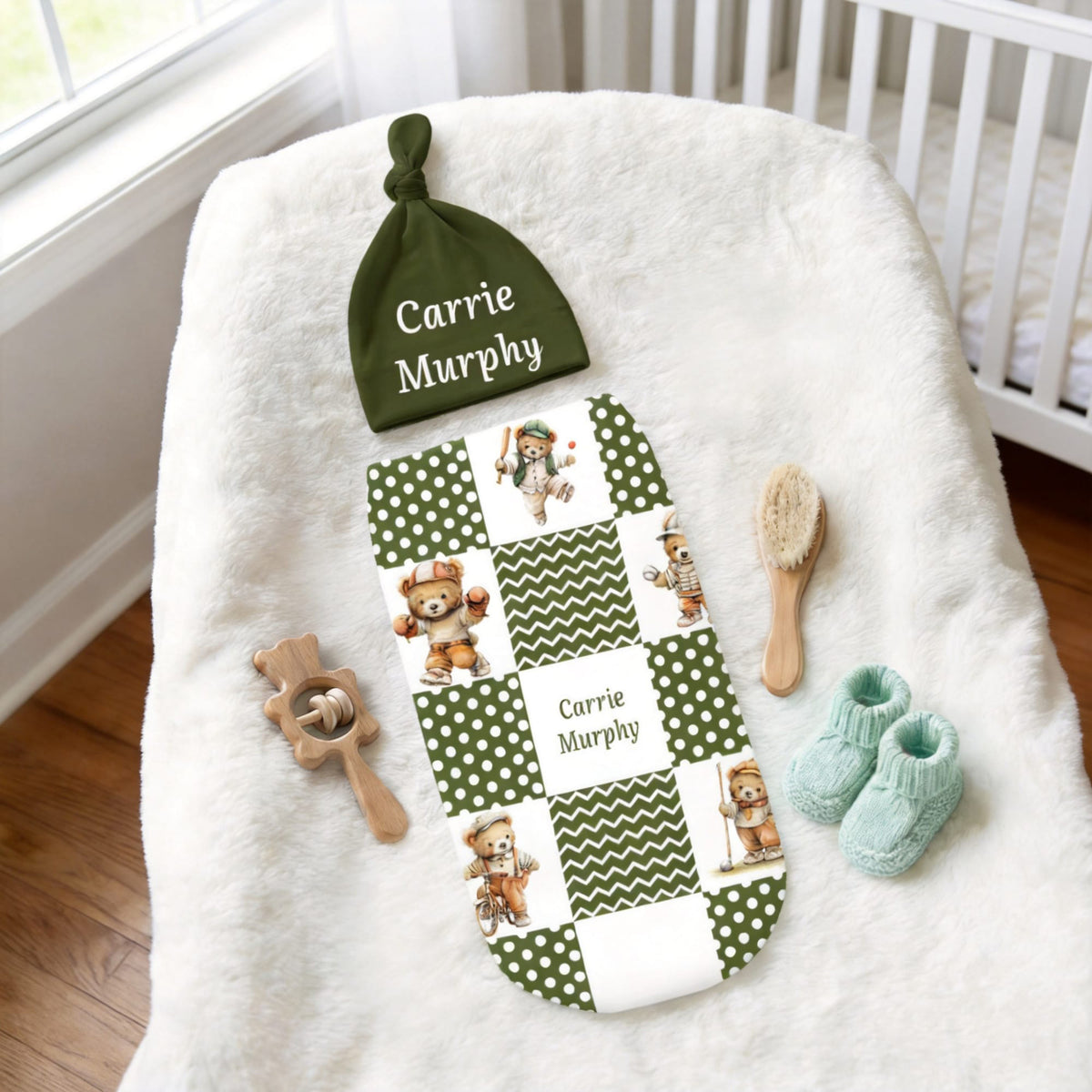 Personalized Sports Teddy Bear Polka Dot 100% Cotton Soft Swaddle Hat Set with Name Baby Shower Birthday Gift for Newborn New Parent