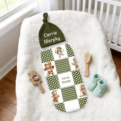 Personalized Sports Teddy Bear Polka Dot 100% Cotton Soft Swaddle Hat Set with Name Baby Shower Birthday Gift for Newborn New Parent