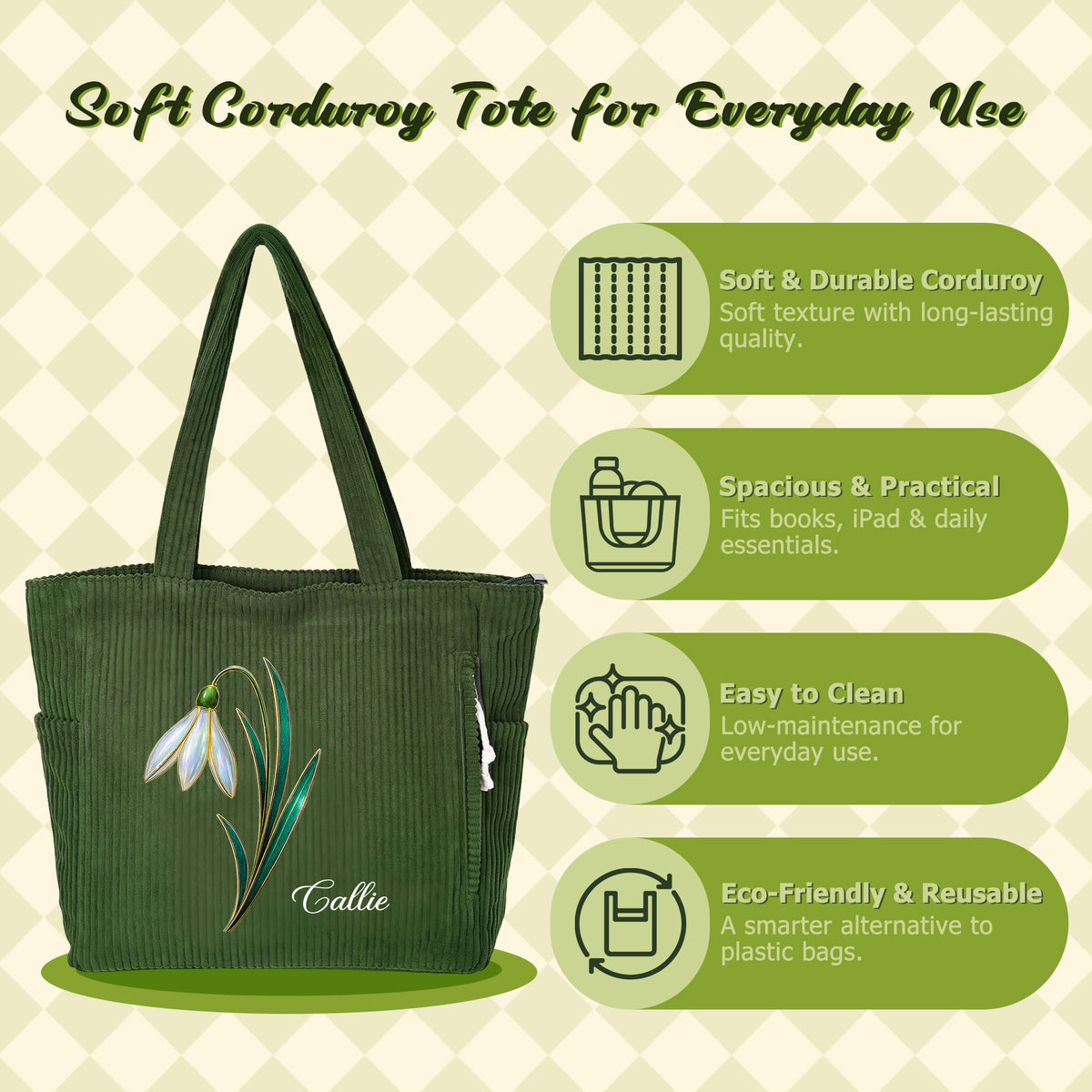 Personalized Birth Flower Large Capacity Corduroy Tote Bag with Name Daily Use Commuting Travel Birthday Gift for Women Office Workers