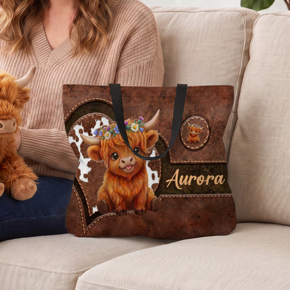 Personalized Cute Cartoon Highland Cow Large Capacity Tote Bag with Name Birthday Gift for Highland Cow Lovers Friends