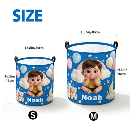 Personalized Cartoon Style Photo Waterproof Laundry Storage Basket with Name and Handles Room Decor Birthday Gift for Kids Boys Girls
